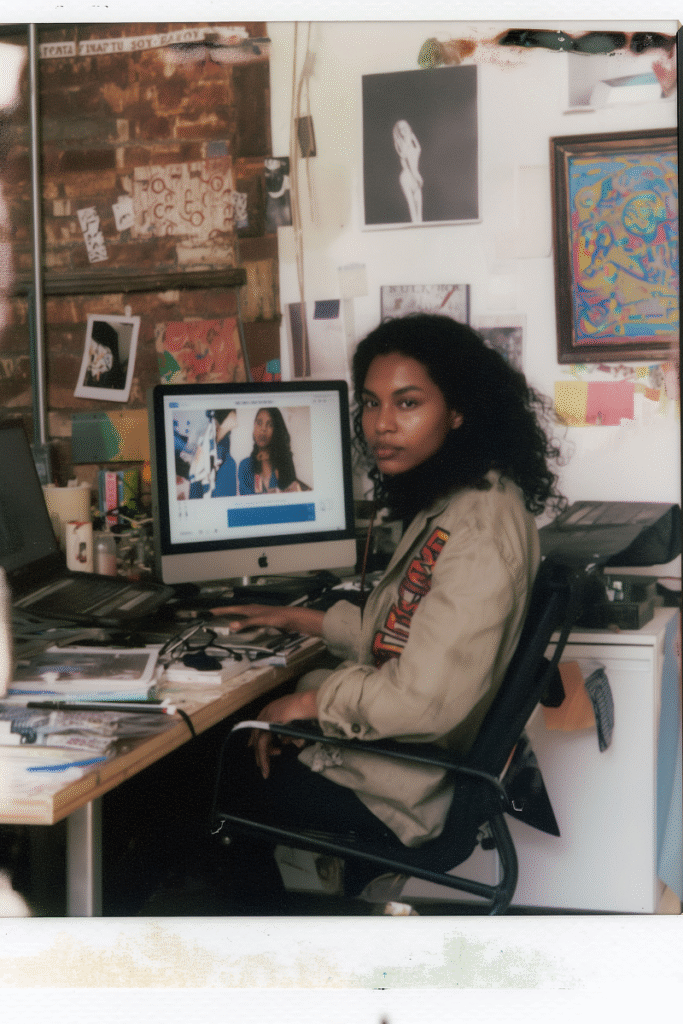 Woman sitting at her studio desk representing the modern multihyphenate artist balancing multiple creative roles.