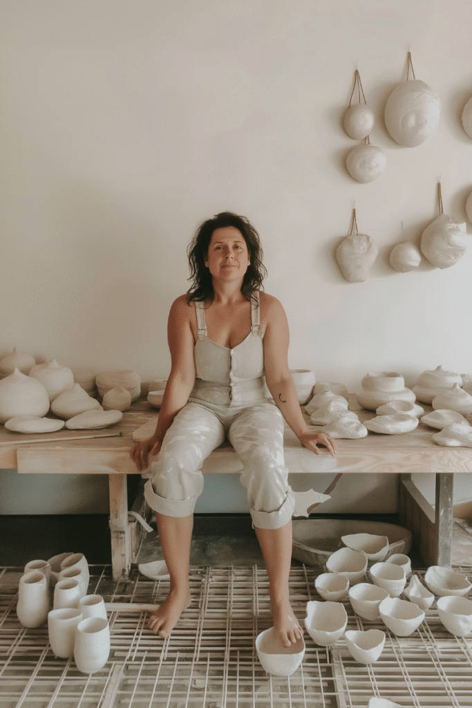 Creative entrepreneur managing her business while working in a pottery studio, balancing artistry and strategy.